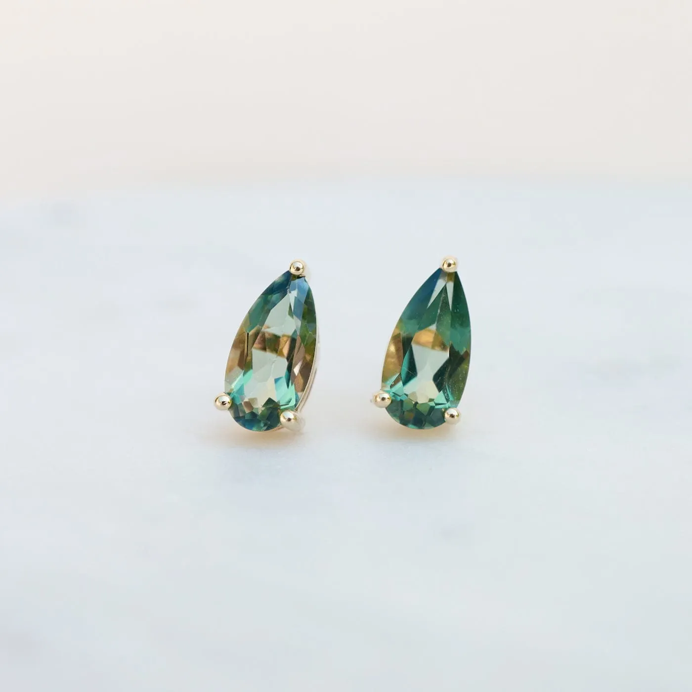 14k Yellow Gold Pear Shaped Green Envy Topaz Post Earrings