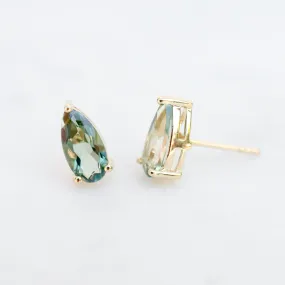 14k Yellow Gold Pear Shaped Green Envy Topaz Post Earrings