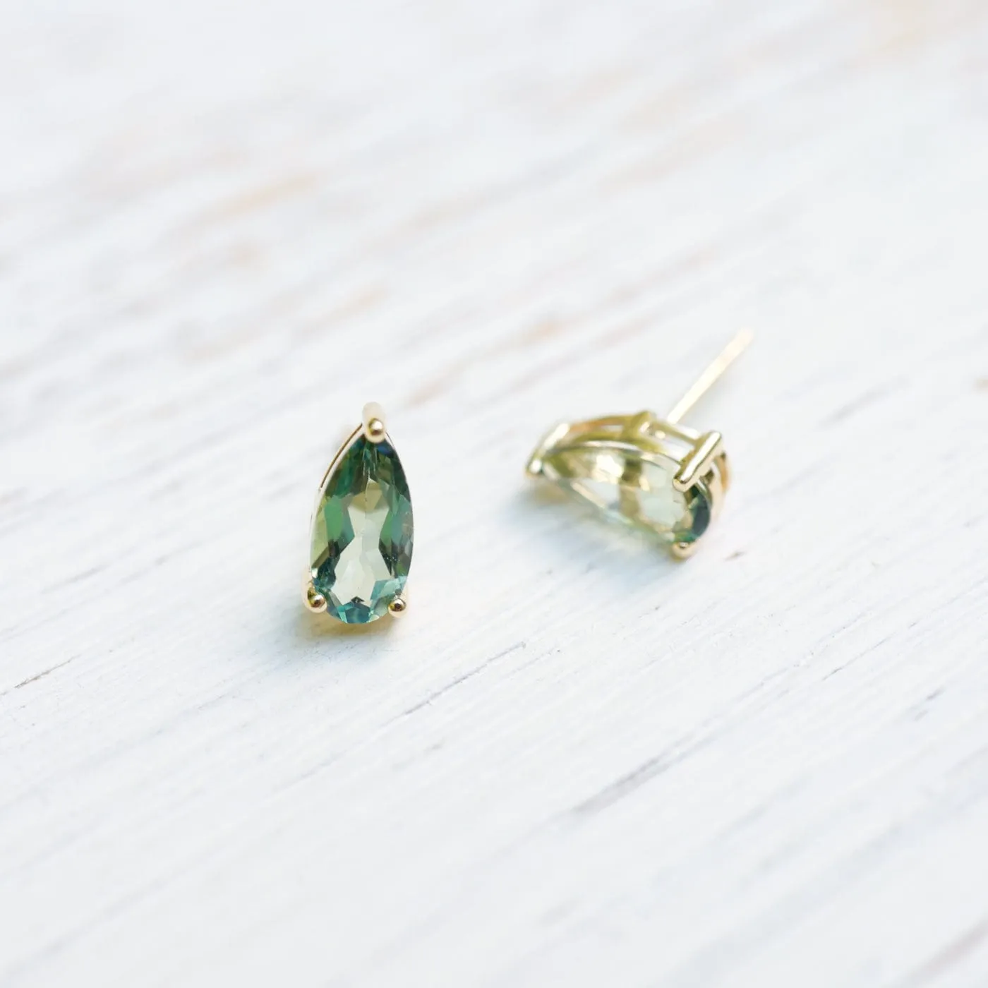 14k Yellow Gold Pear Shaped Green Envy Topaz Post Earrings