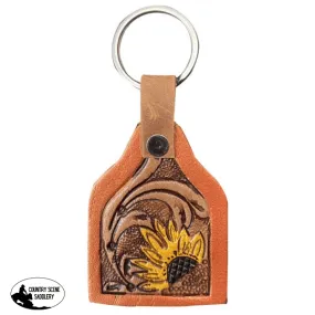 177929  Showman ® Cow tag shaped painted Sunflower tooled leather keychain