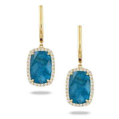 18K YELLOW GOLD DIAMOND EARRINGS WITH CLEAR QUARTZ OVER APPATITE