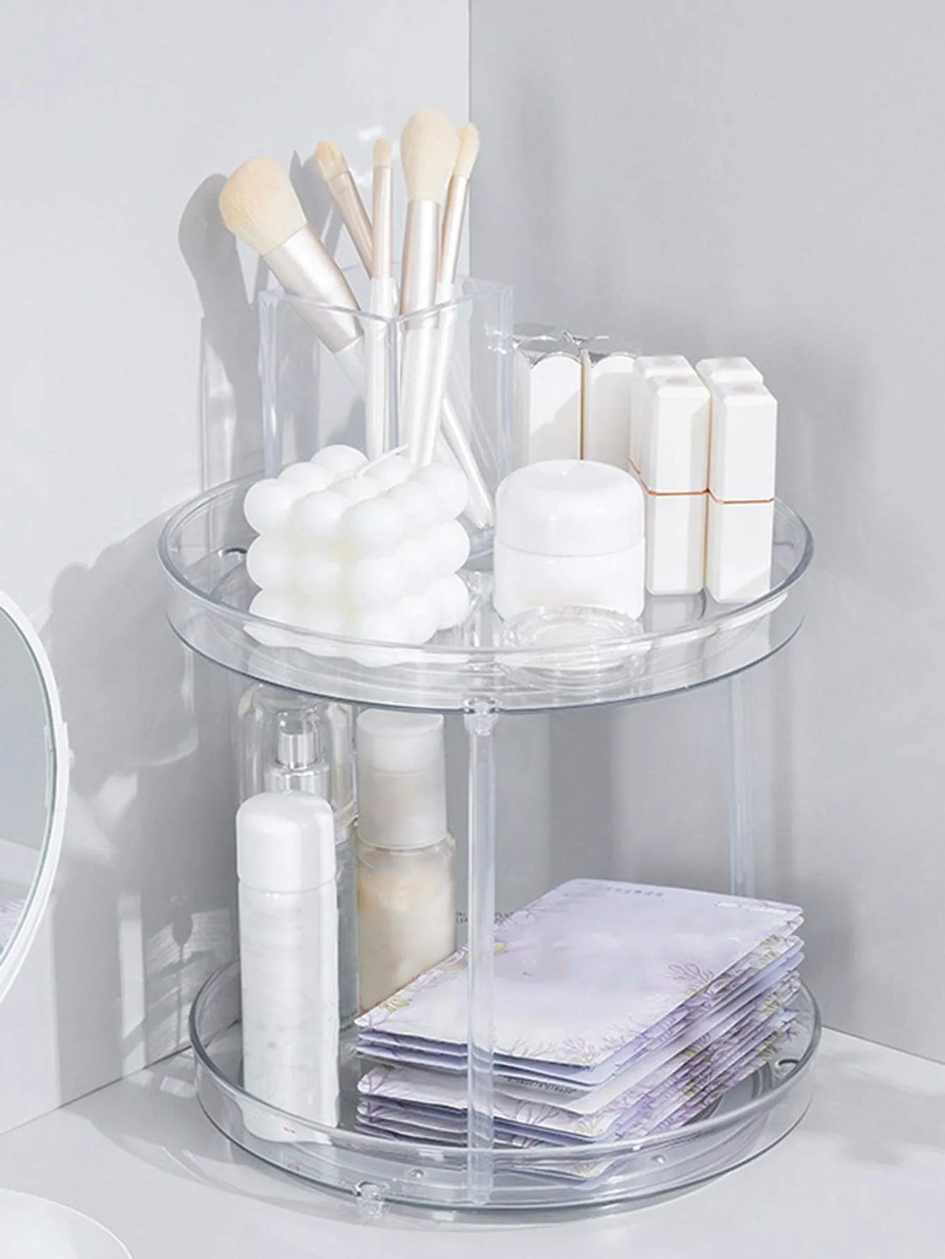 1pc Clear Round Shaped Desktop Storage Holder, Simple Plastic Spiral Design Makeup Storage Rack For Household