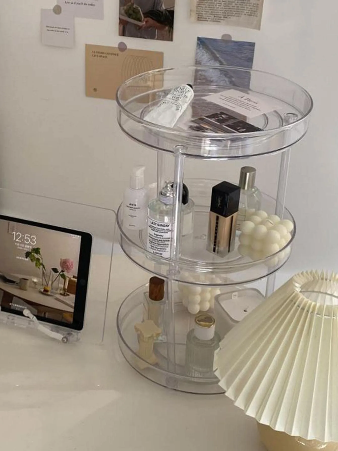 1pc Clear Round Shaped Desktop Storage Holder, Simple Plastic Spiral Design Makeup Storage Rack For Household