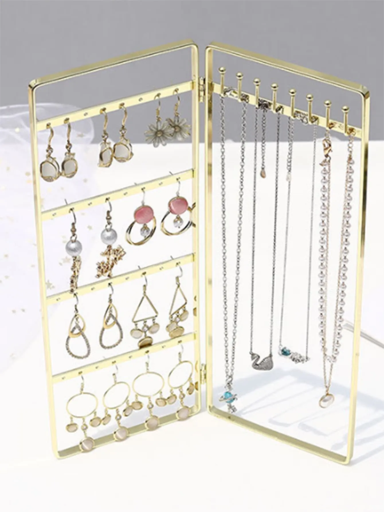 1pc Multifunction Jewelry Storage Rack, Gold Iron Necklace Display Rack For Home