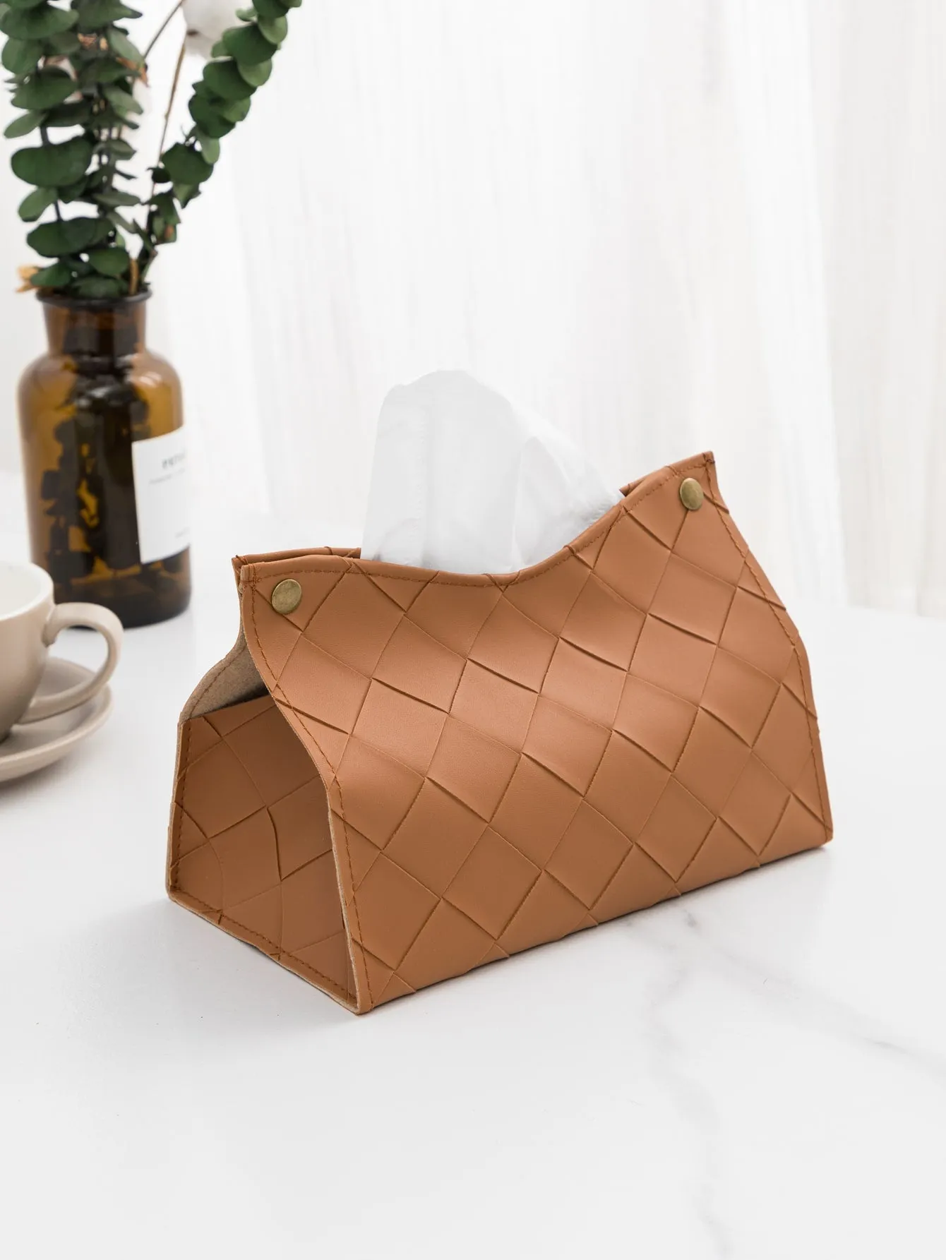 1pc Solid Woven Tissue Storage Bag, Brown Tissue Container For Home Decor