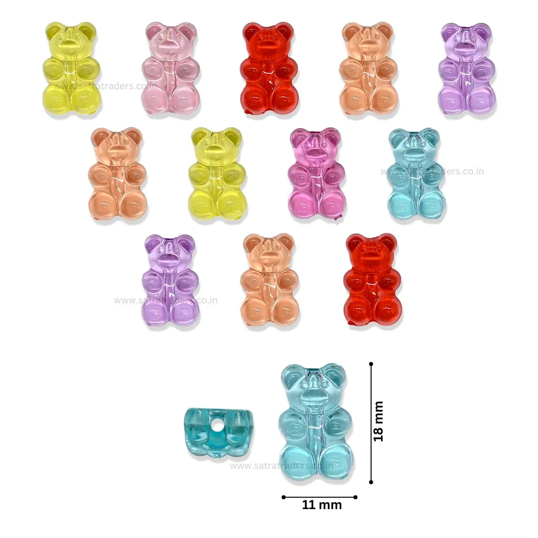 Assorted Teddy Bear Transparent Pastel Plastic Beads | Size : 18mm | 100g