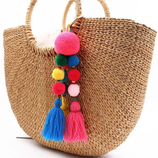 Bead Handbag Tassel Keychain Pompom Key Ring Holder Hanging Bohemian Style Pendant