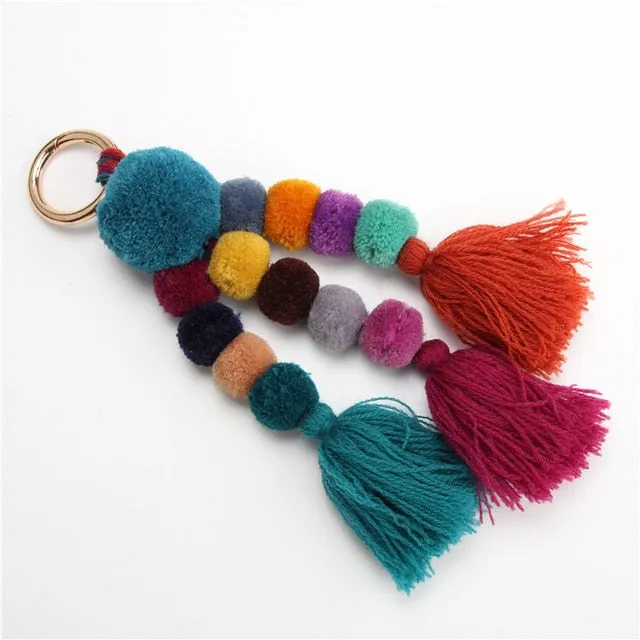 Bead Handbag Tassel Keychain Pompom Key Ring Holder Hanging Bohemian Style Pendant