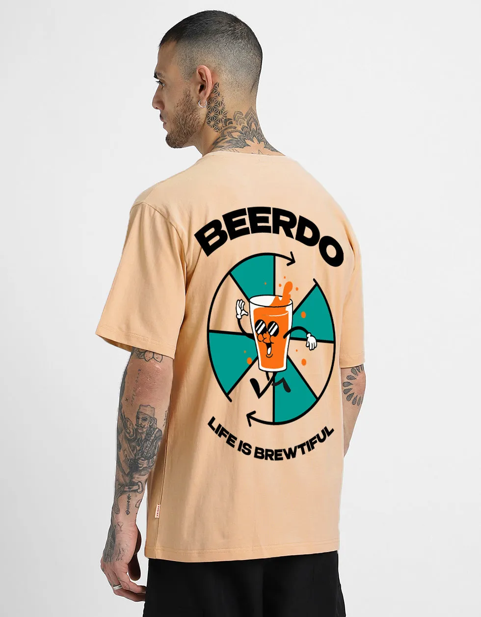 BEERDO  Beige Oversized Back Puff Graphic Printed Tshirt