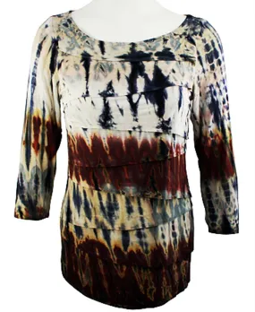 Boho Chic - Tie Dye Print, Long Sleeve Horizontal Layered Scoop Neck Top