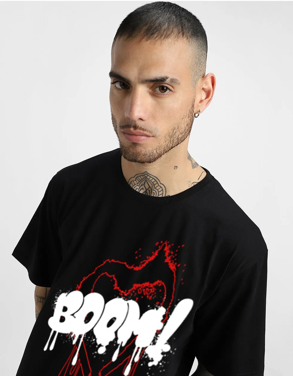 Boom Black Front Typographic Printed Tshirt