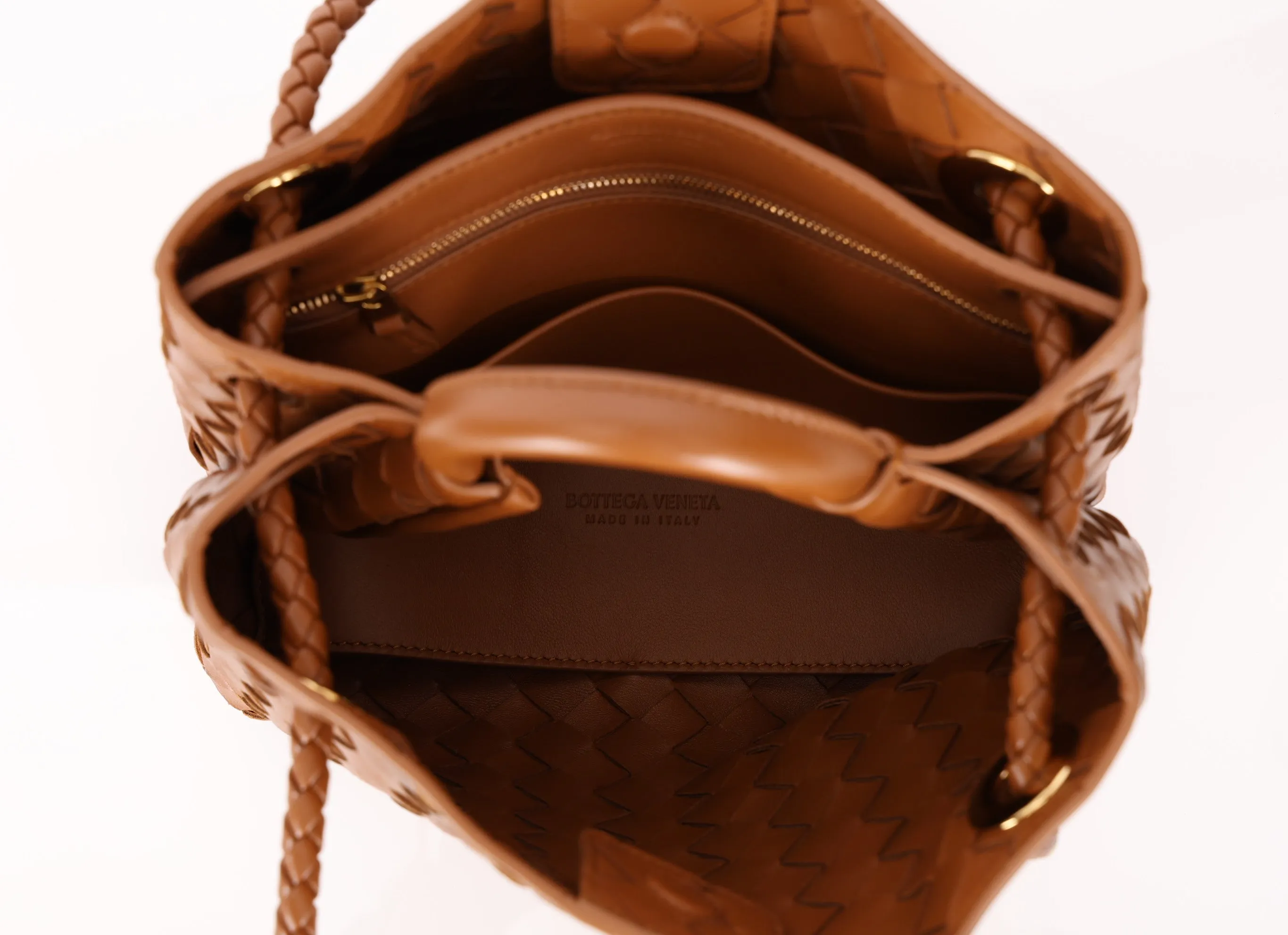 Bottega Veneta Intrecciato Small Andiamo Bag in Cognac