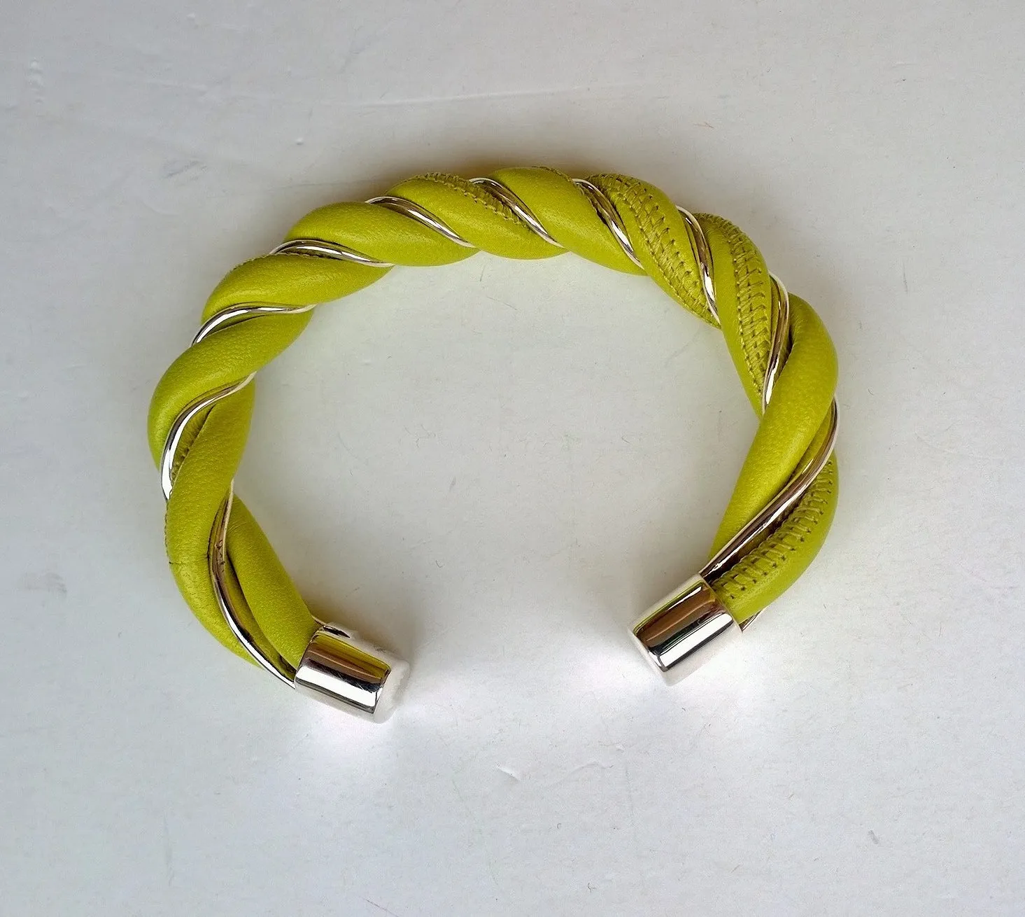 Bottega Veneta Twist Lime Leather and Silver Spiral Cuff Bracelet