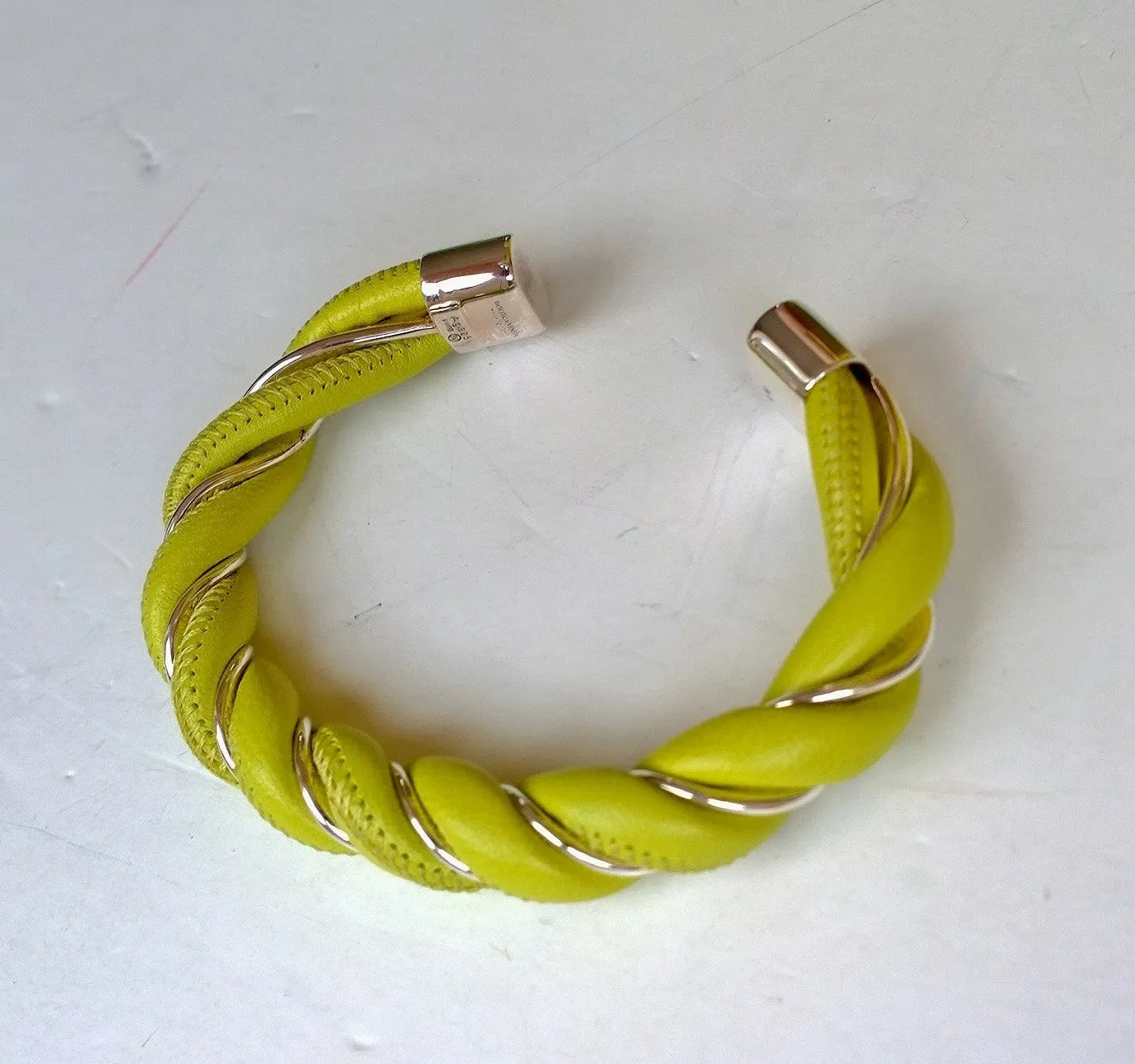 Bottega Veneta Twist Lime Leather and Silver Spiral Cuff Bracelet