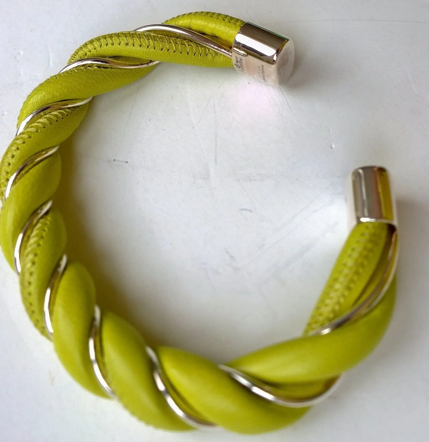 Bottega Veneta Twist Lime Leather and Silver Spiral Cuff Bracelet