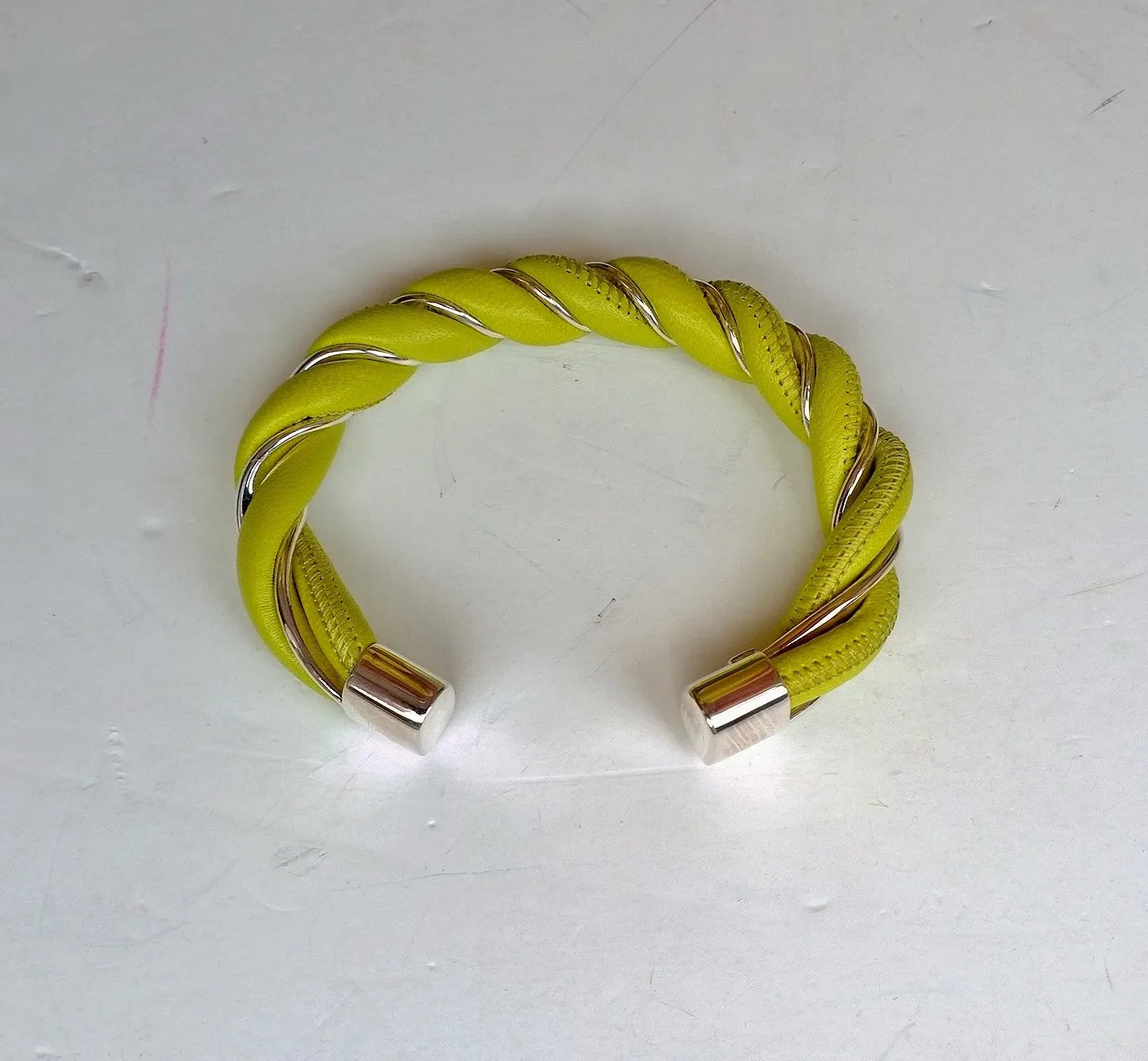 Bottega Veneta Twist Lime Leather and Silver Spiral Cuff Bracelet