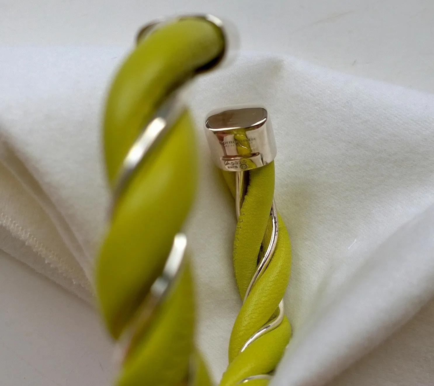 Bottega Veneta Twist Lime Leather and Silver Spiral Cuff Bracelet