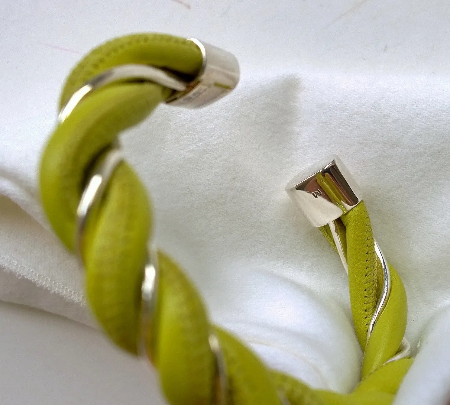 Bottega Veneta Twist Lime Leather and Silver Spiral Cuff Bracelet