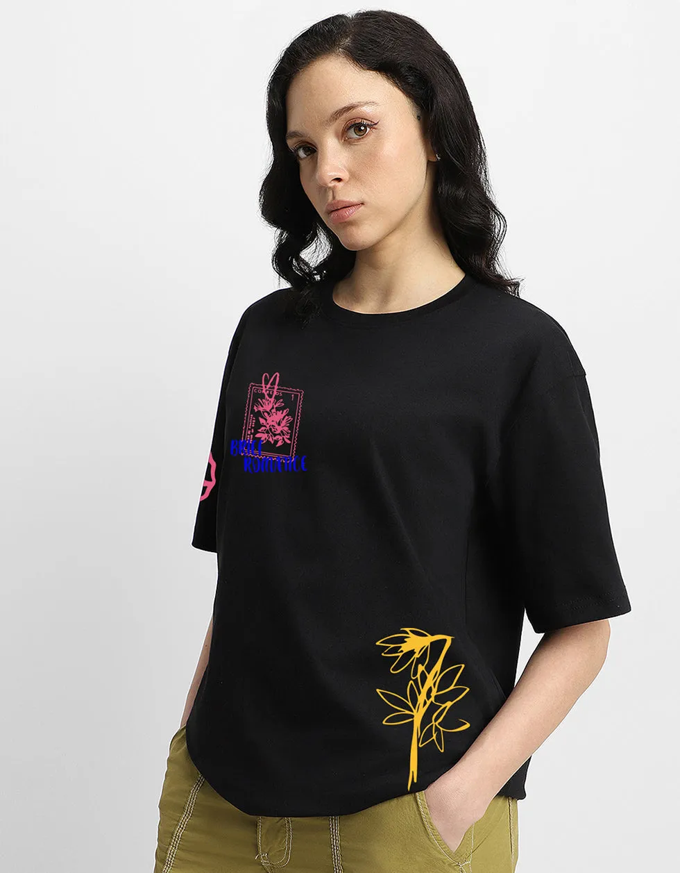 BRIEF ROMANCE Women Black Oversized Front Graphic Printed Tshirt