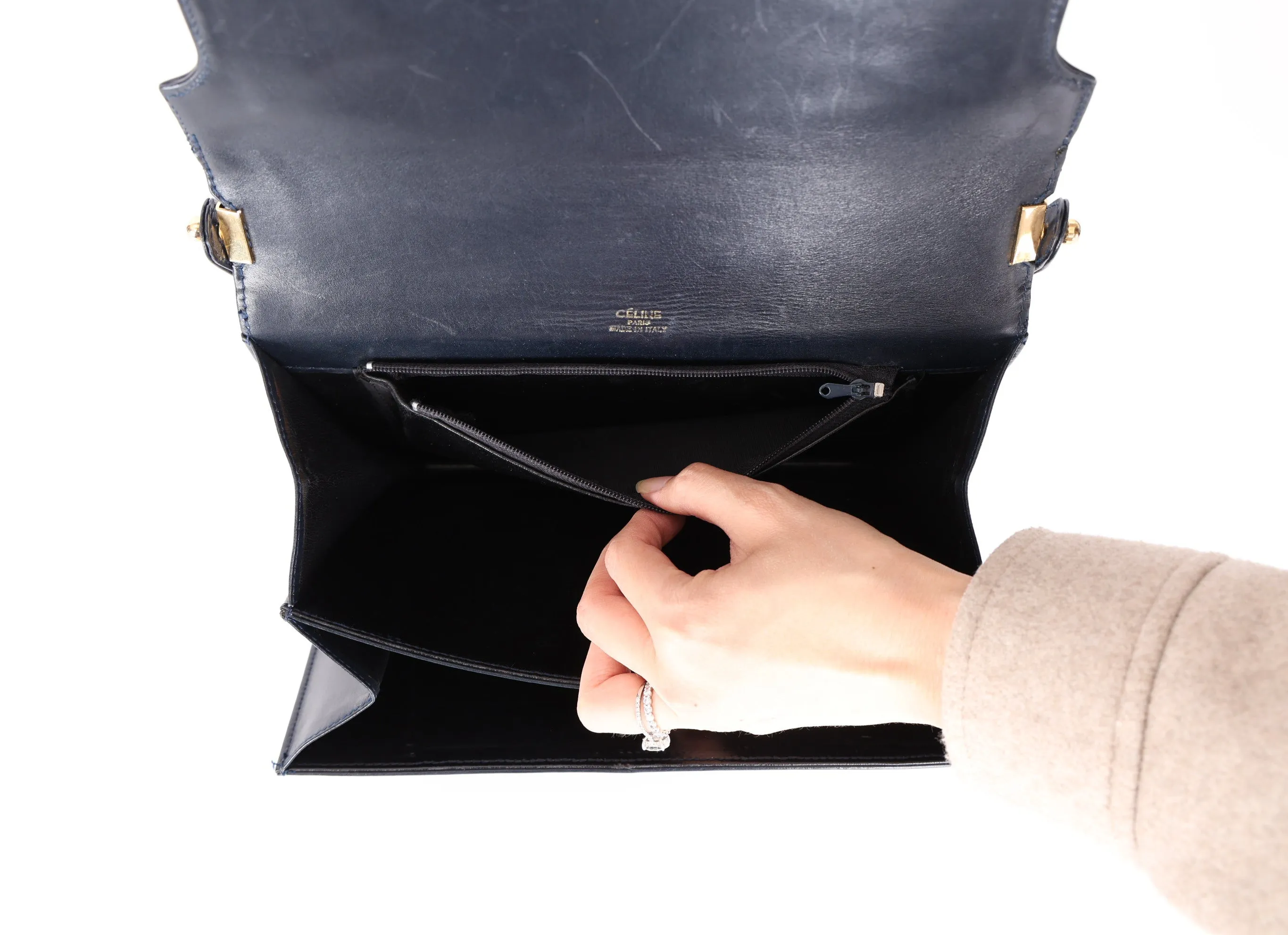 Celine Box Calf Triomphe Navy Shoulder Bag