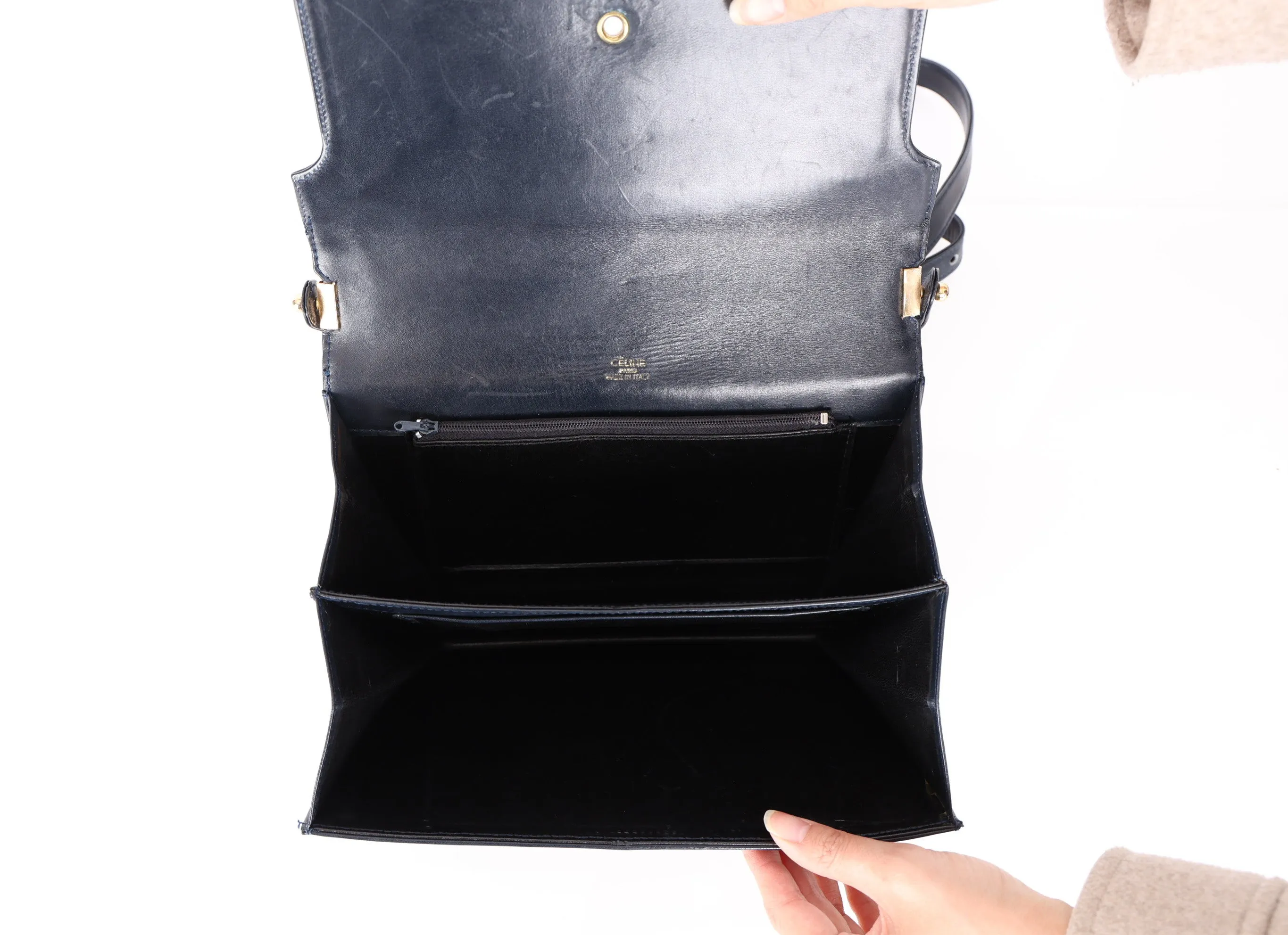 Celine Box Calf Triomphe Navy Shoulder Bag