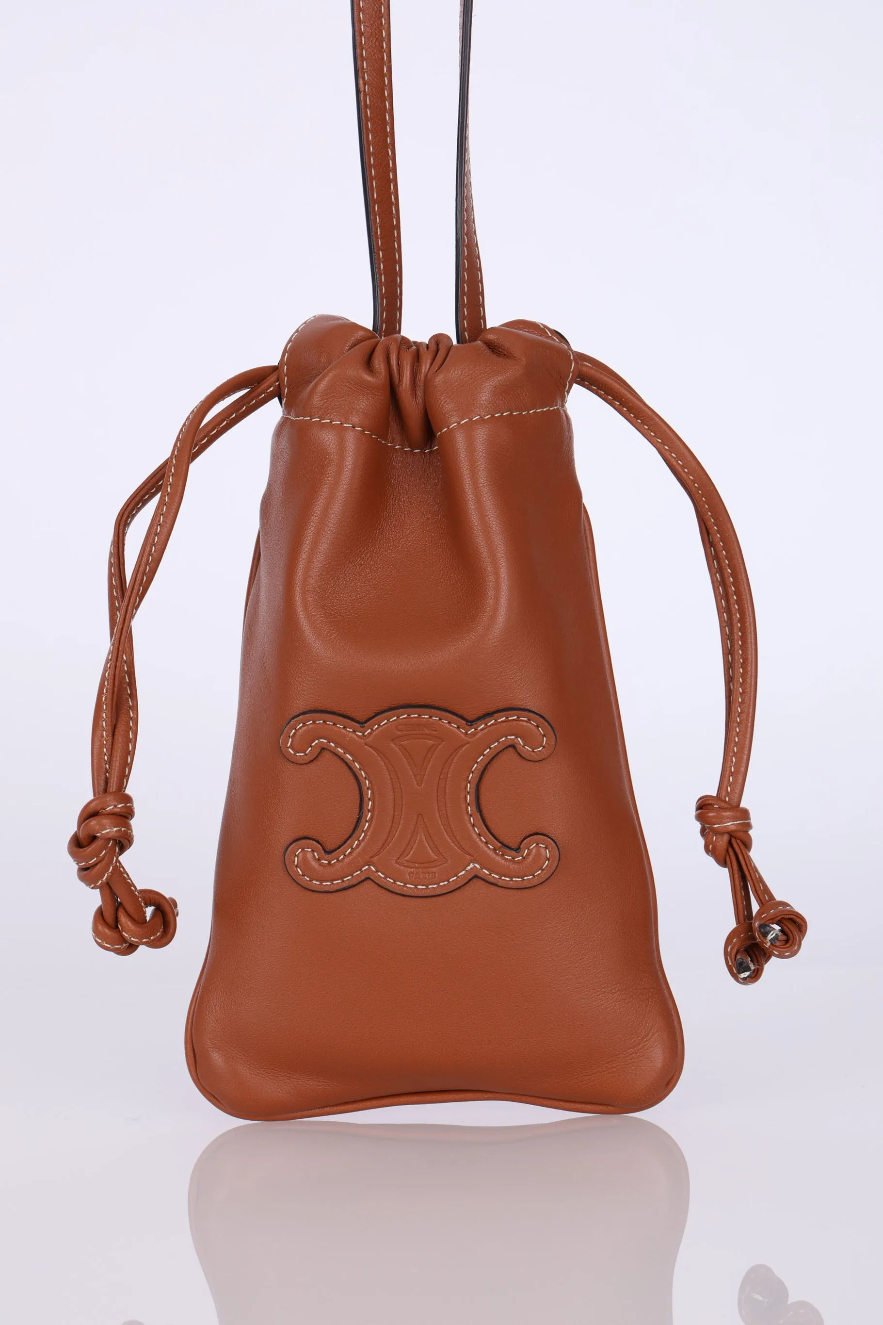 Celine Drawstring Triomphe Leather Pouch Crossbody