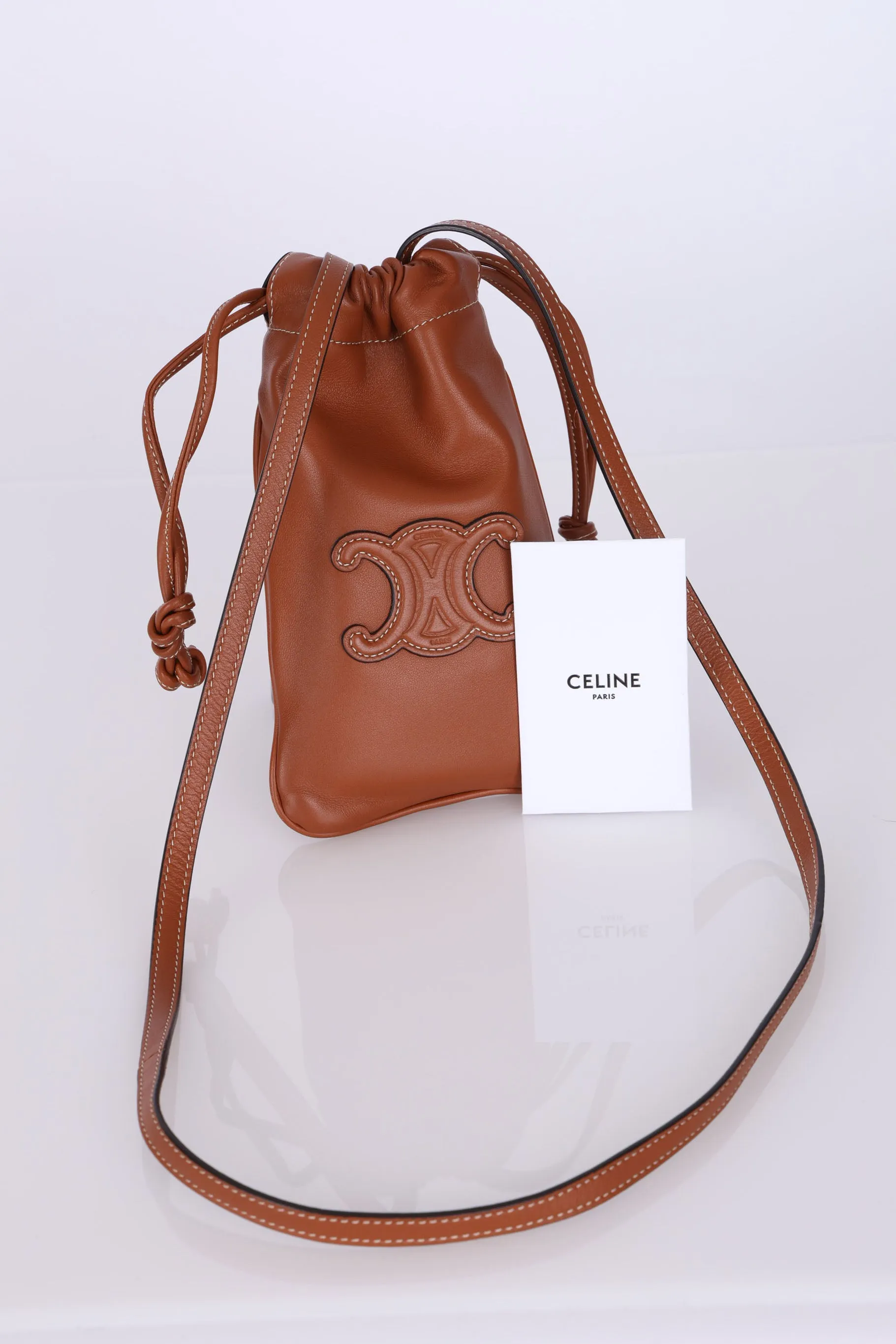 Celine Drawstring Triomphe Leather Pouch Crossbody