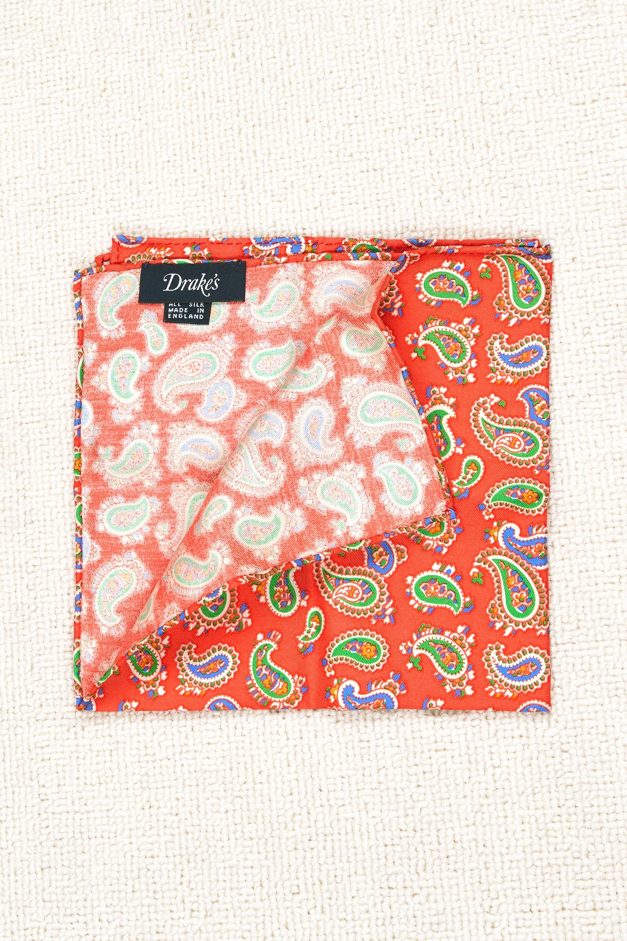 Drake's Orange with Green/Blue Paisley Pattern Silk Pocket Square