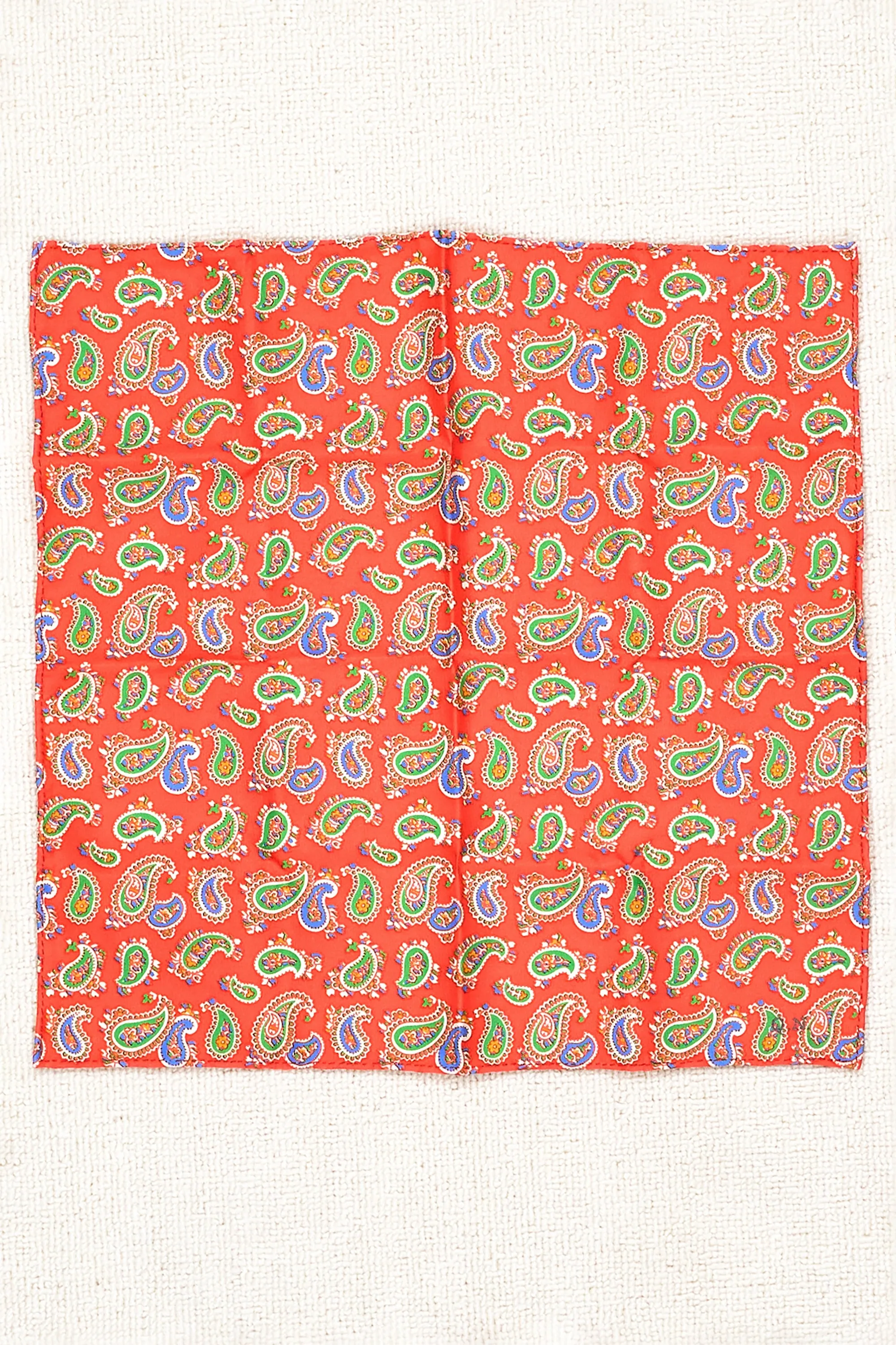 Drake's Orange with Green/Blue Paisley Pattern Silk Pocket Square