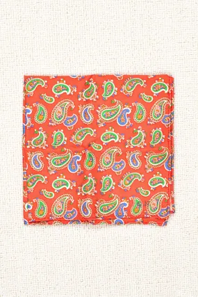 Drake's Orange with Green/Blue Paisley Pattern Silk Pocket Square