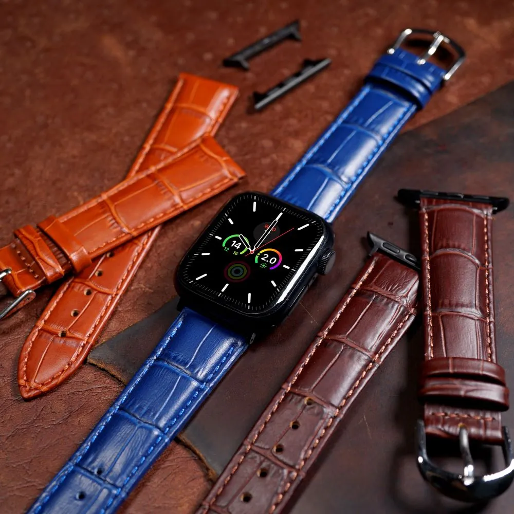 Genuine Croc Pattern Stitched Leather Strap in Navy (Apple Watch)