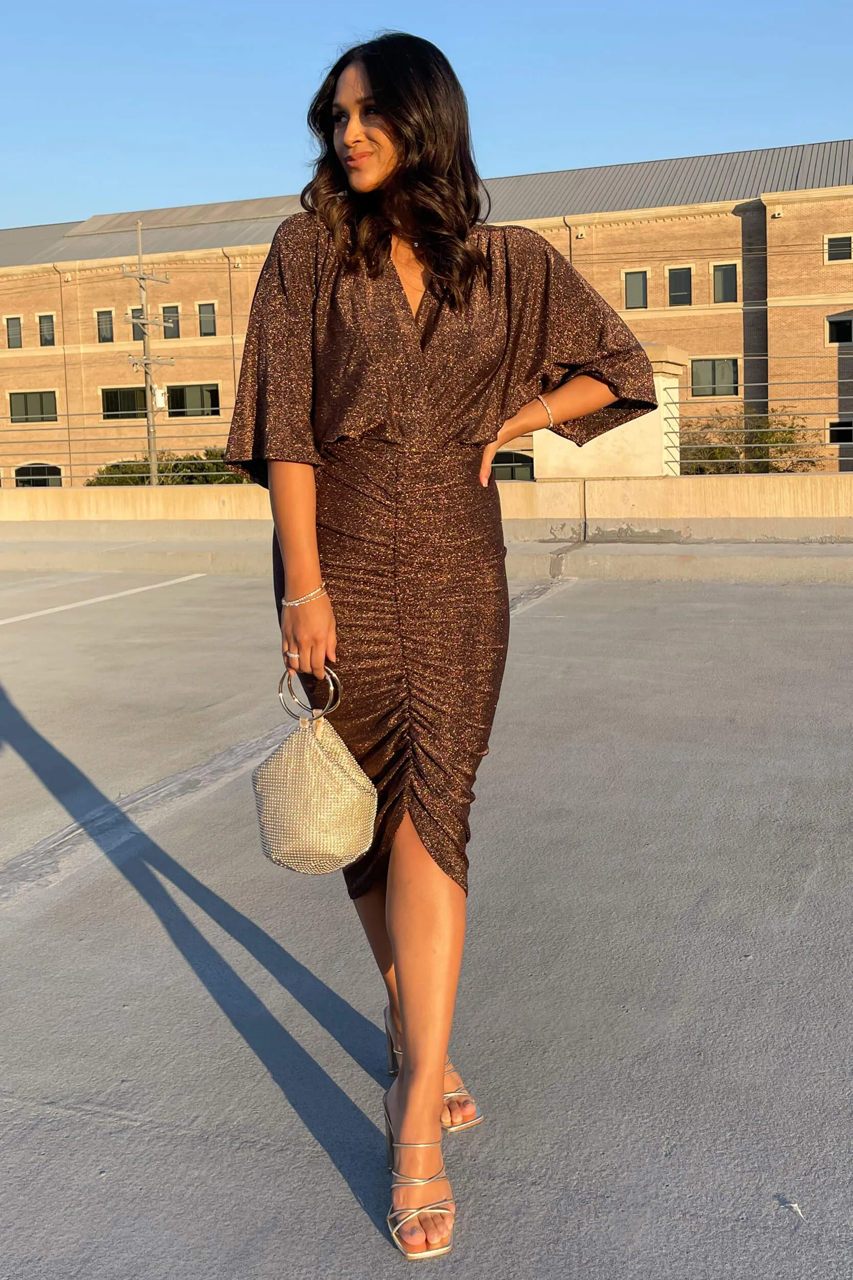 Glamour Surplice Metallic Knit Dress