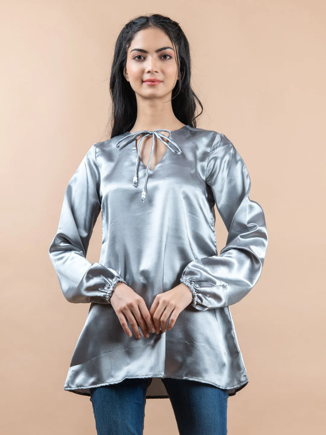 Grey Satin Full Sleeves Top