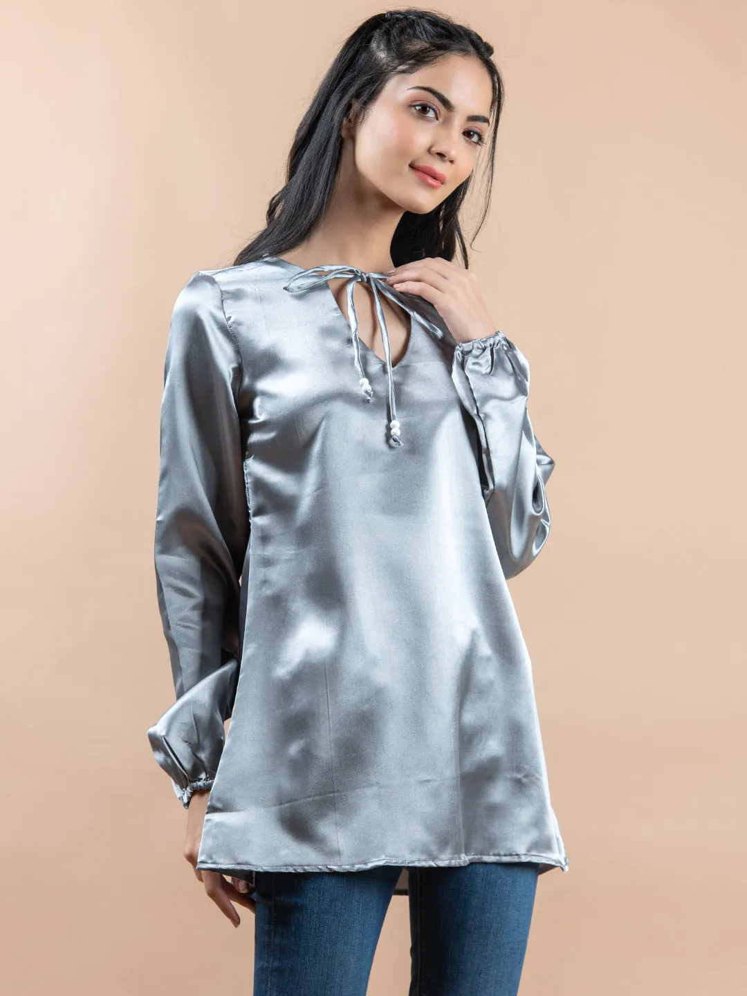 Grey Satin Full Sleeves Top