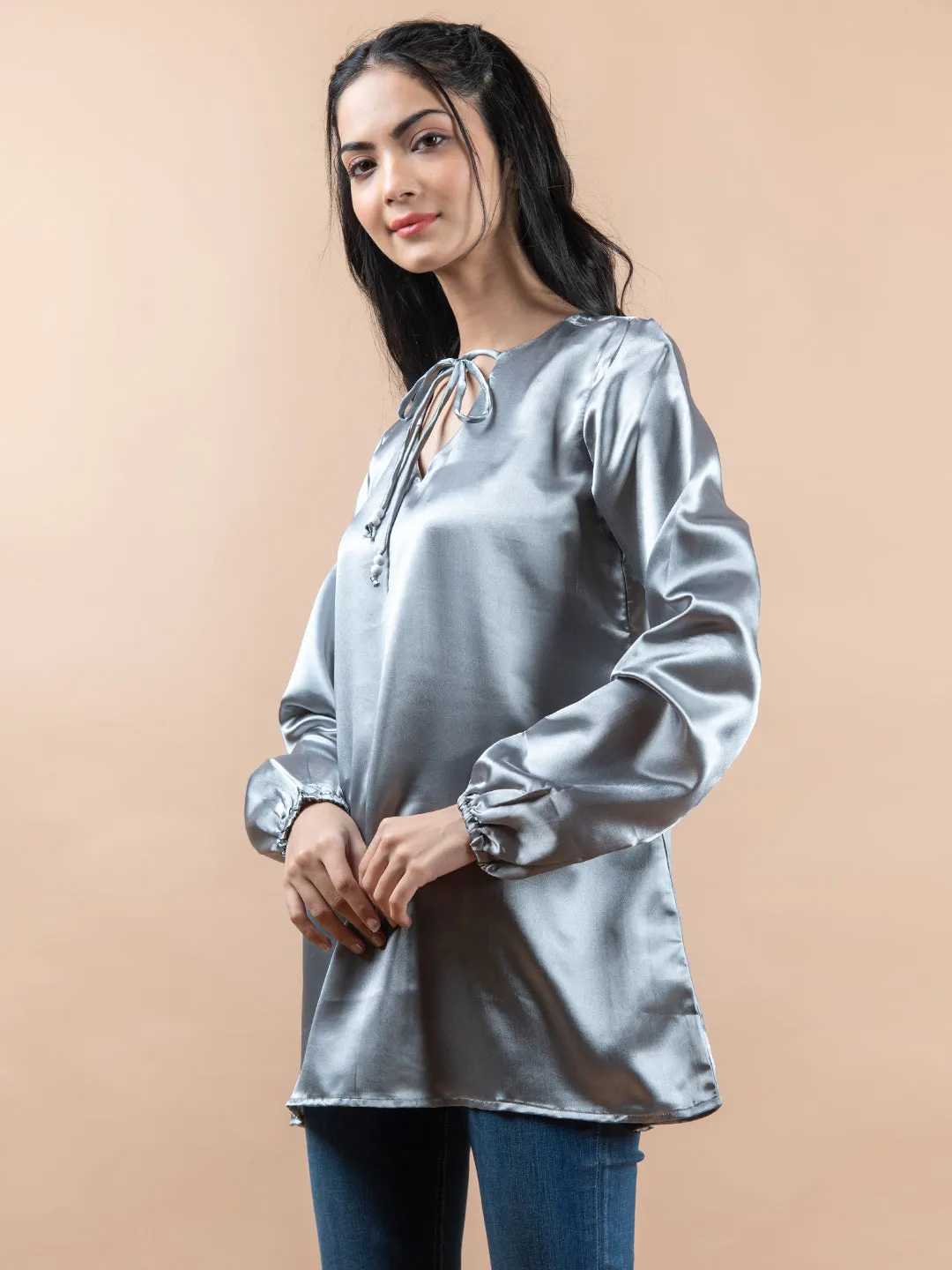 Grey Satin Full Sleeves Top