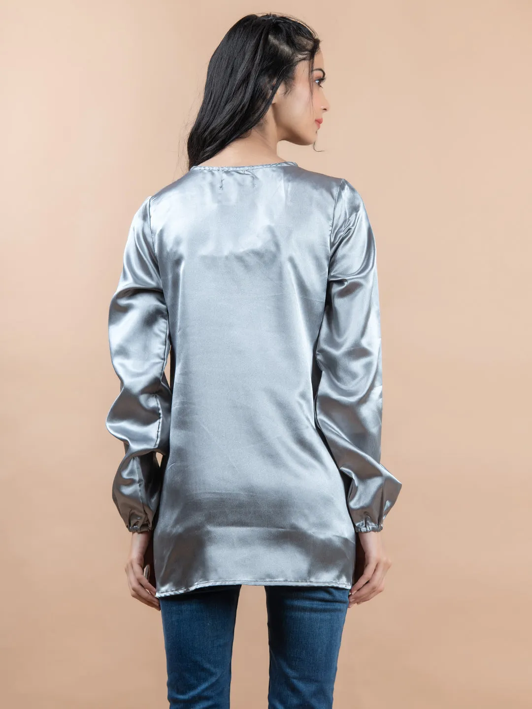 Grey Satin Full Sleeves Top