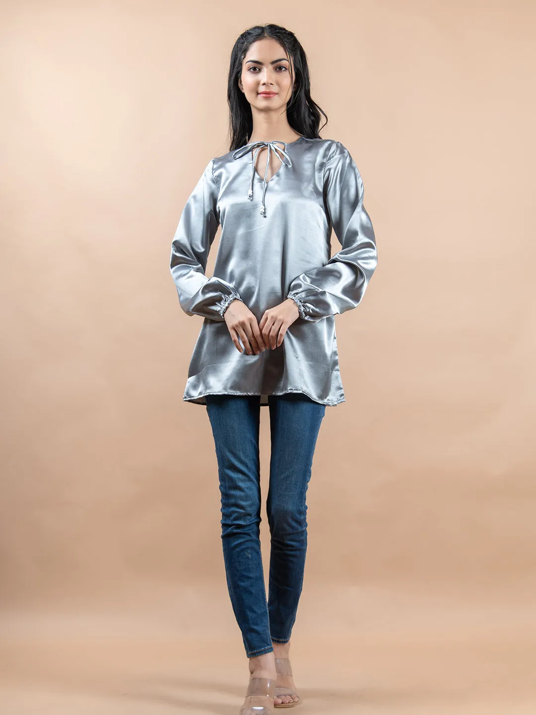 Grey Satin Full Sleeves Top