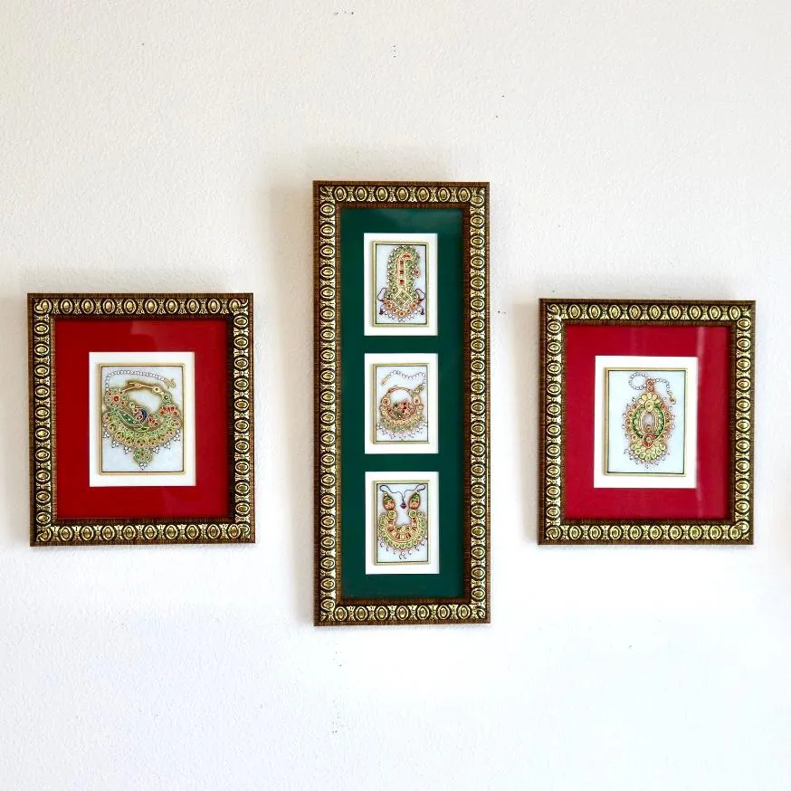 Handcrafted Jewelry Painting (Set of 3) - Wall Decor - 22K Gold Leaf Meenakari Marble Art