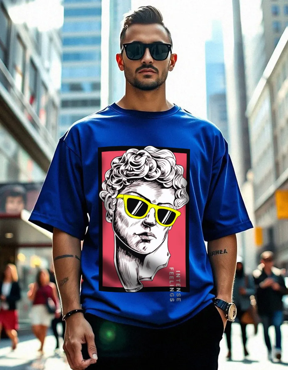 INTENSE FEELINGS Blue Oversized Front Graphic Printed Tshirt