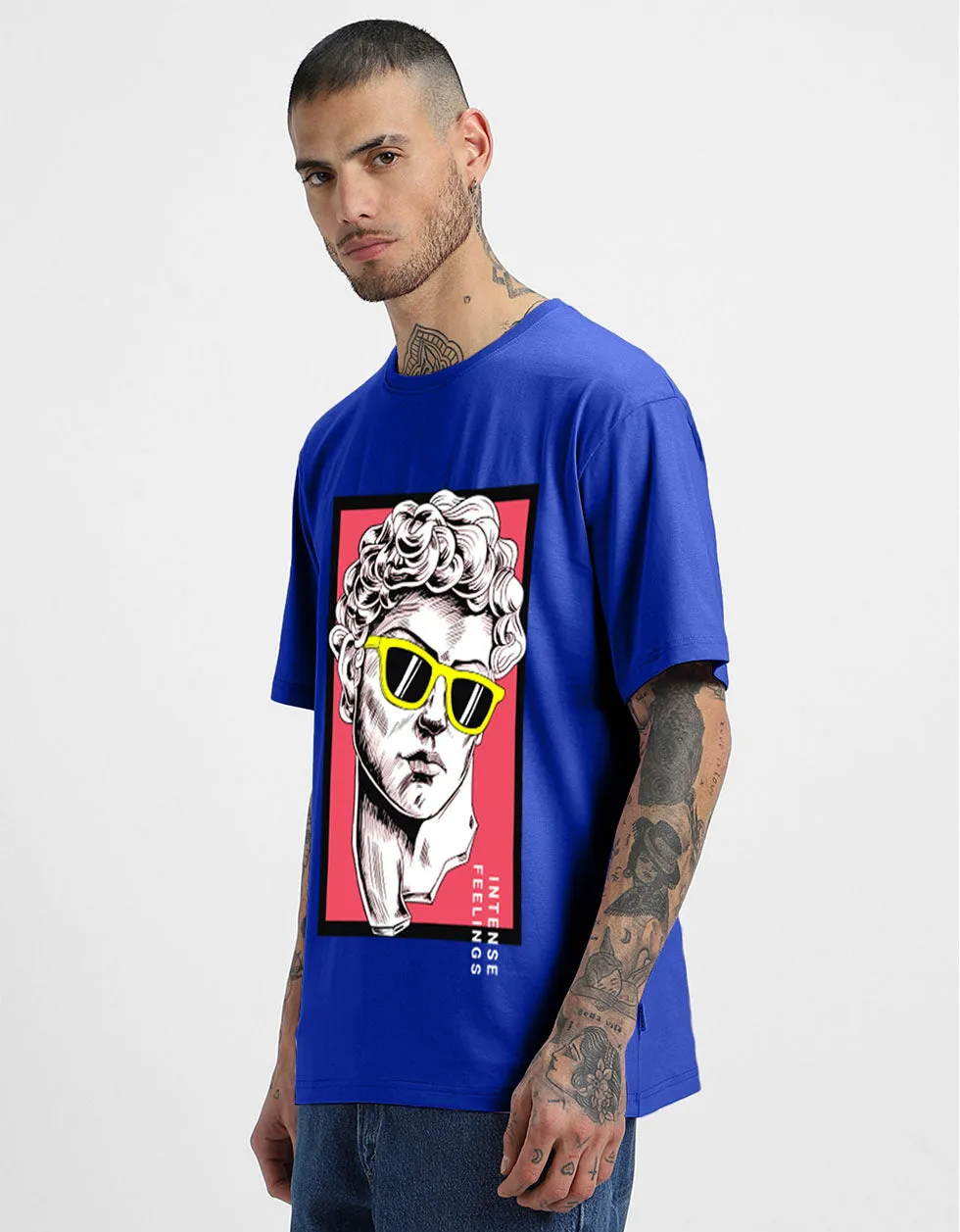 INTENSE FEELINGS Blue Oversized Front Graphic Printed Tshirt