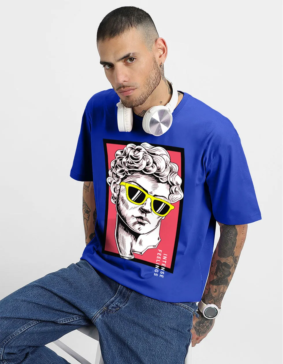 INTENSE FEELINGS Blue Oversized Front Graphic Printed Tshirt