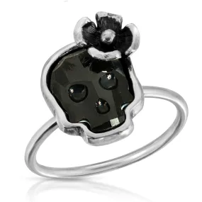 Jet Black Flower Skull Ring