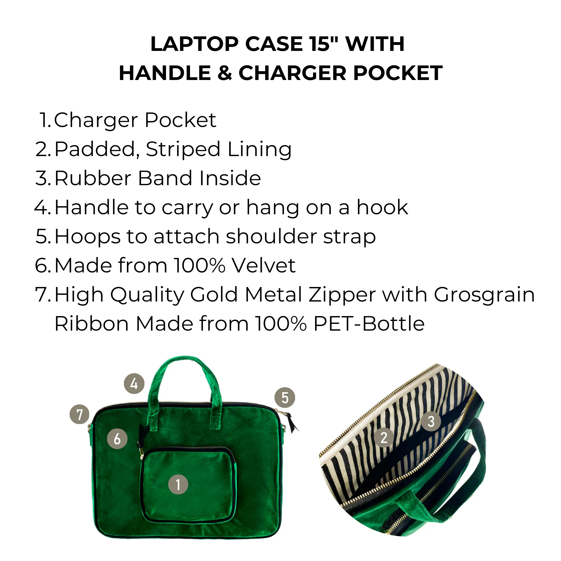 Laptop Case 15", Handle & Charger Pocket, Green Velvet