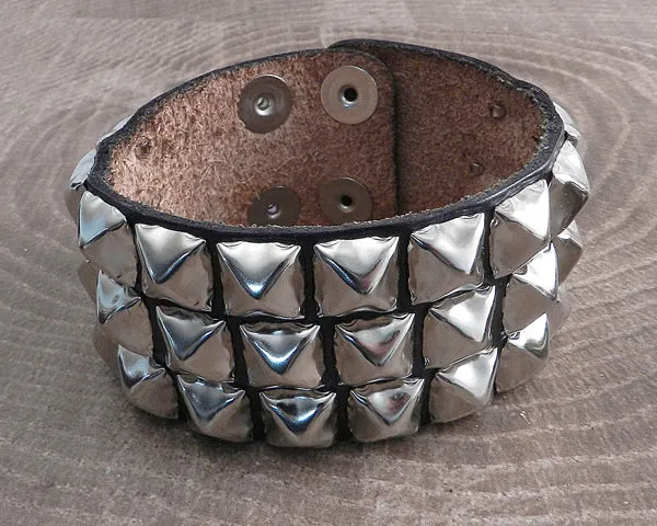 Leather Cuff Triple Pyramids Black Strap