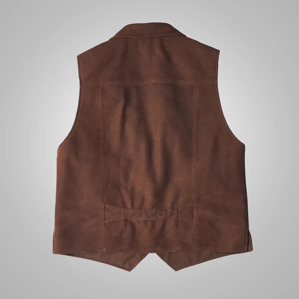 Men Brown Multi Pocket Style Leather Vest