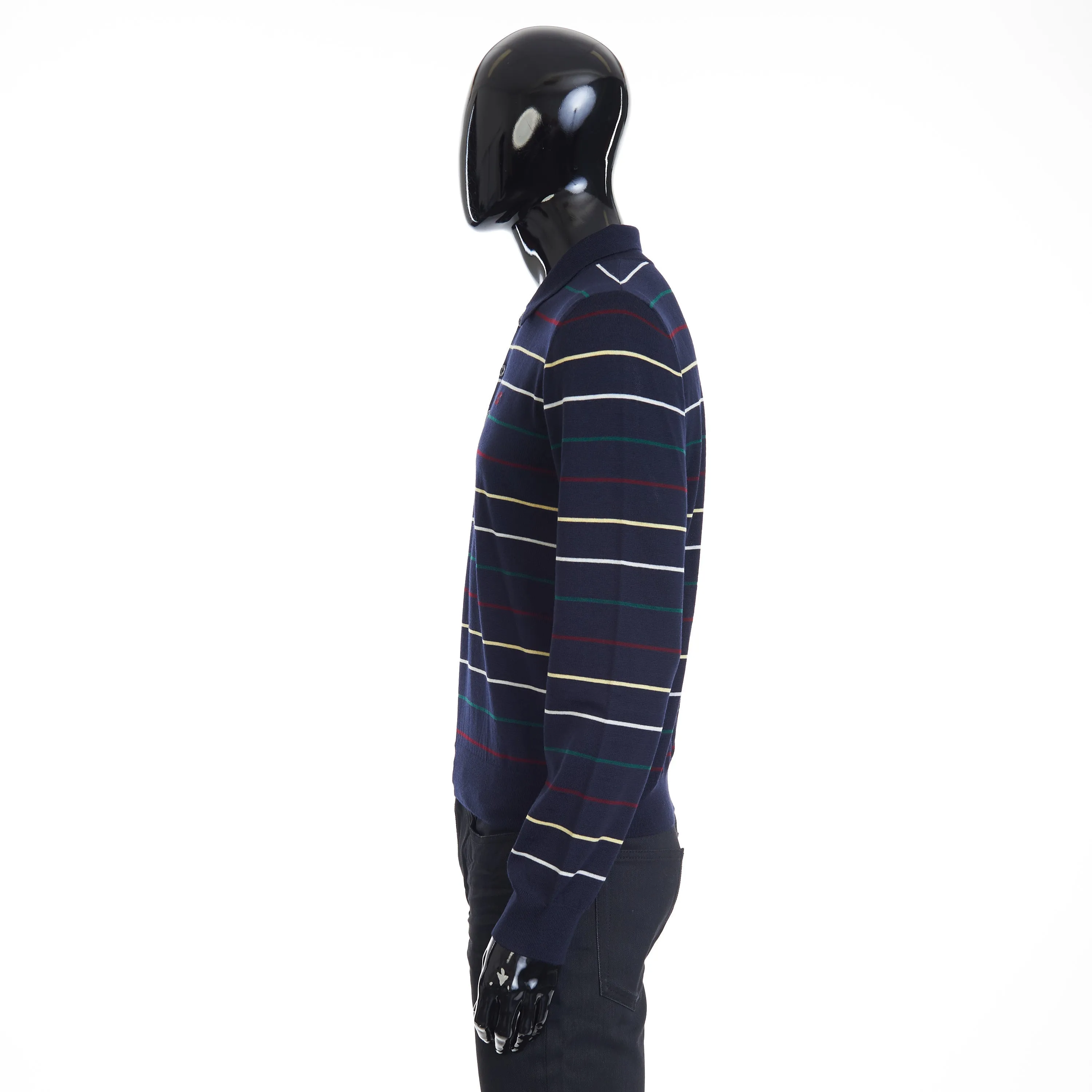 Navy Blue Striped Polo Shirt - Embroidery, Fine Wool