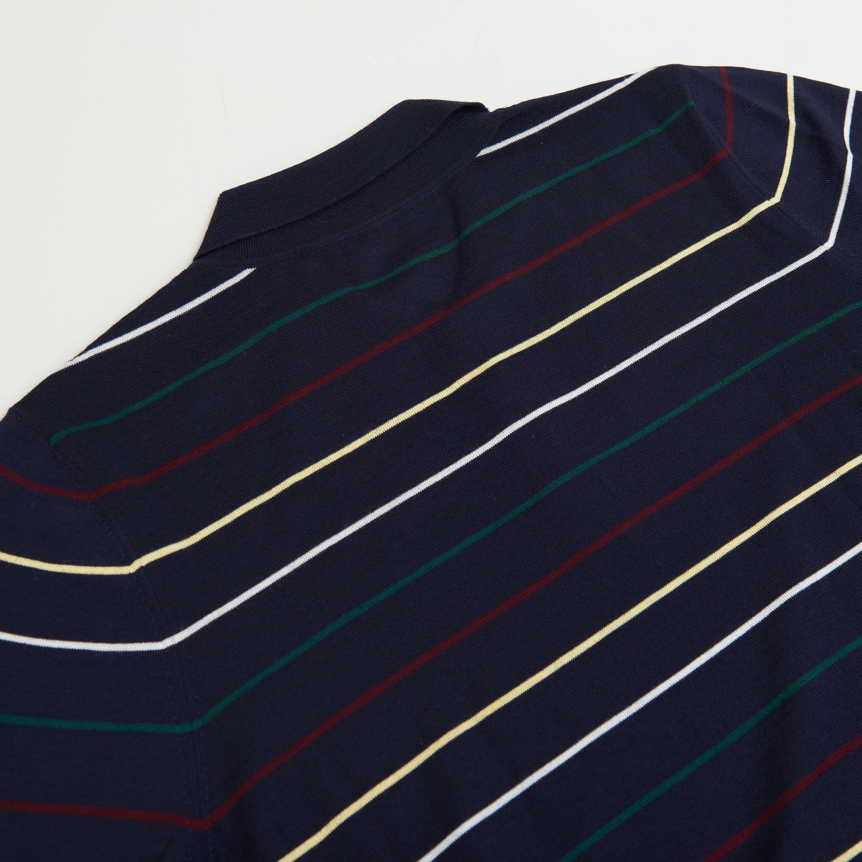 Navy Blue Striped Polo Shirt - Embroidery, Fine Wool