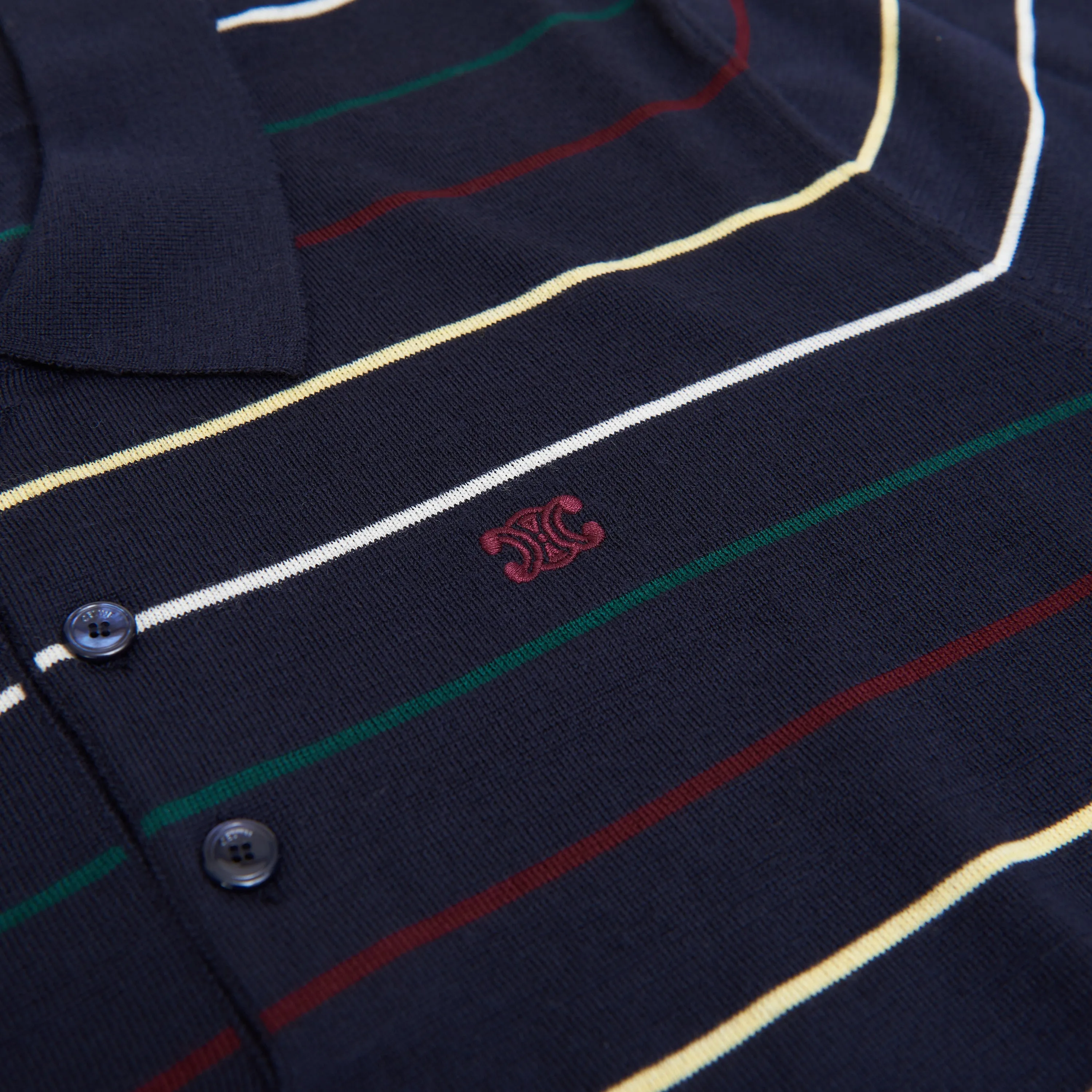 Navy Blue Striped Polo Shirt - Embroidery, Fine Wool