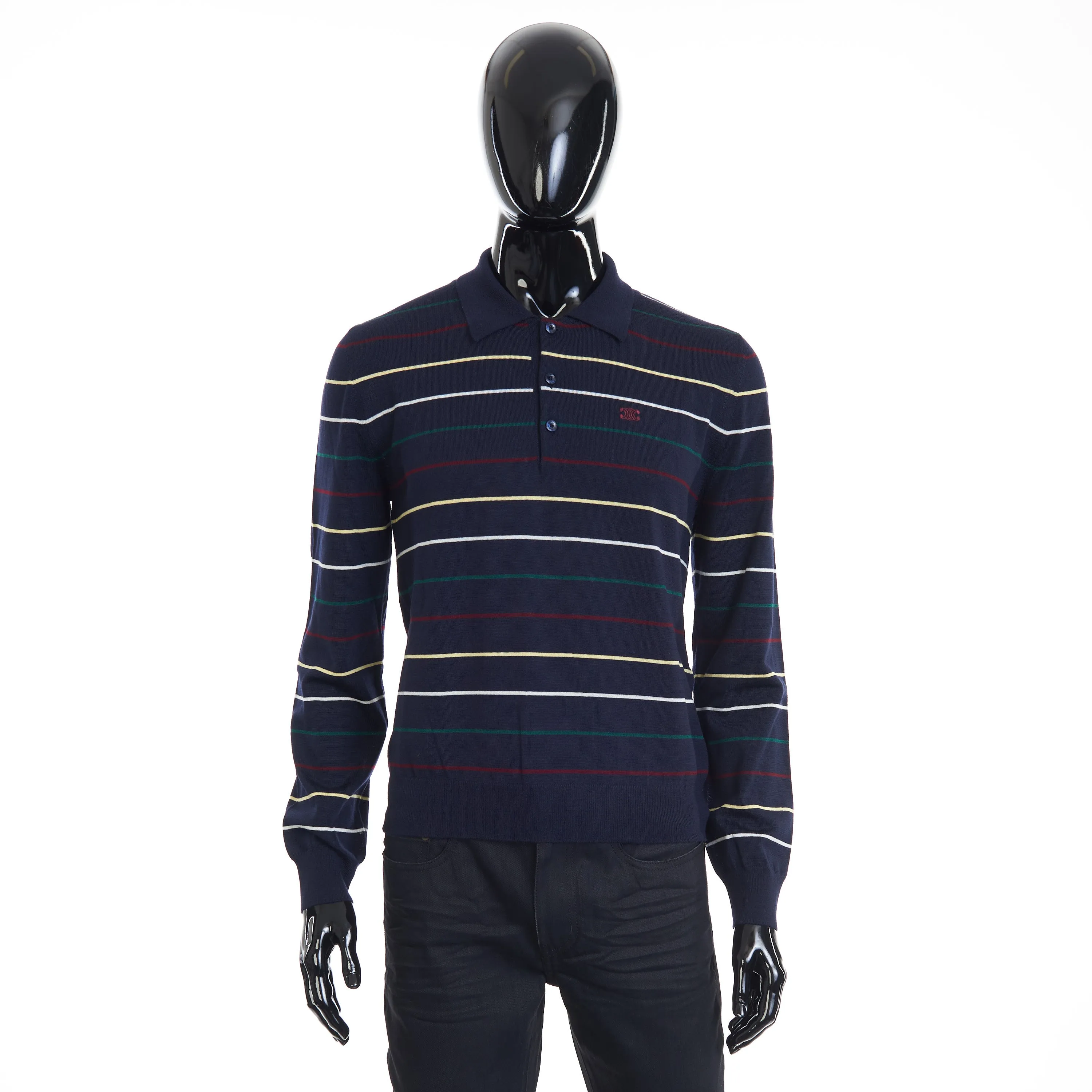 Navy Blue Striped Polo Shirt - Embroidery, Fine Wool