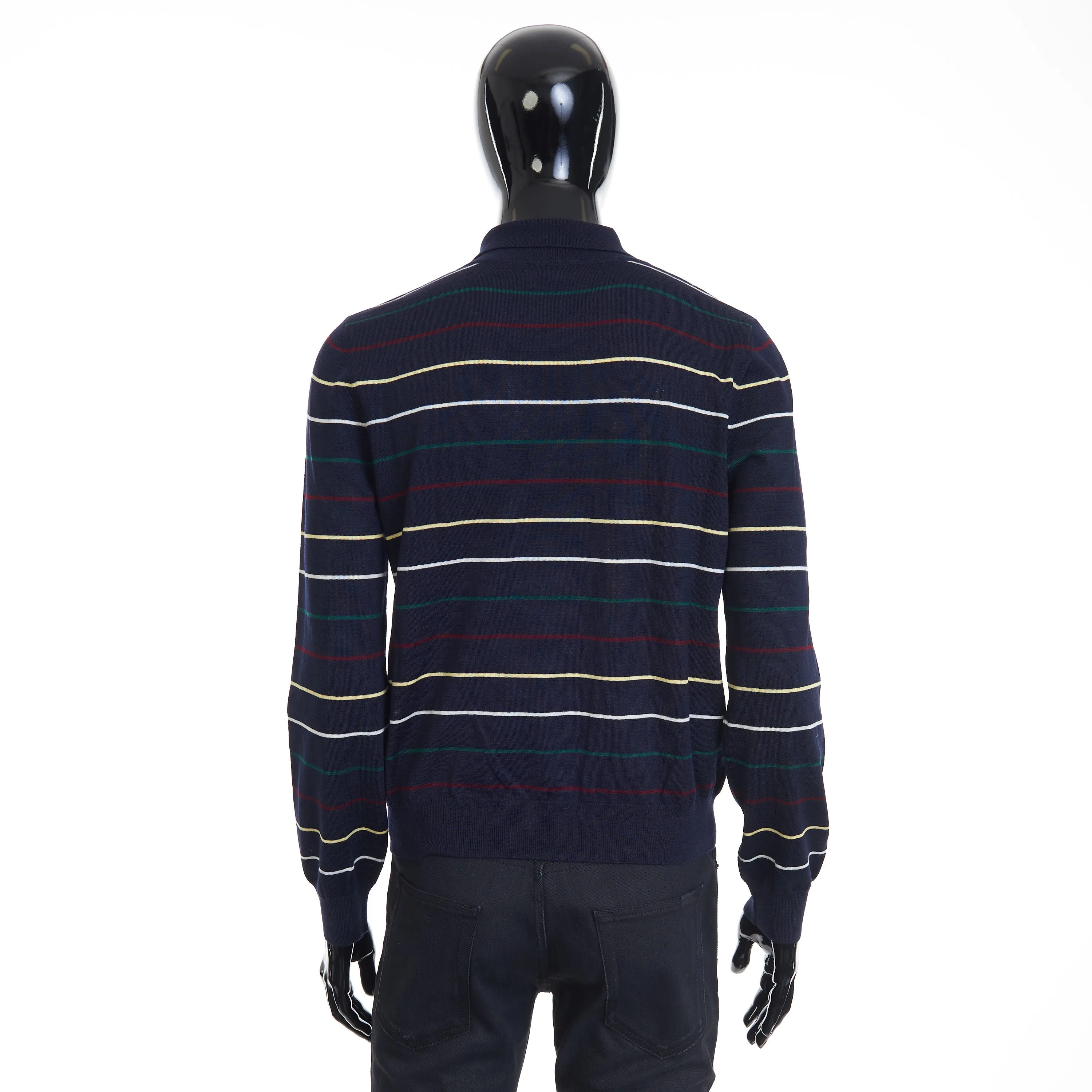 Navy Blue Striped Polo Shirt - Embroidery, Fine Wool